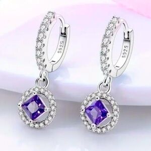 925 Sterling Silver Drop Paved Purple Zirconia Hypoallergenic Earrings - New